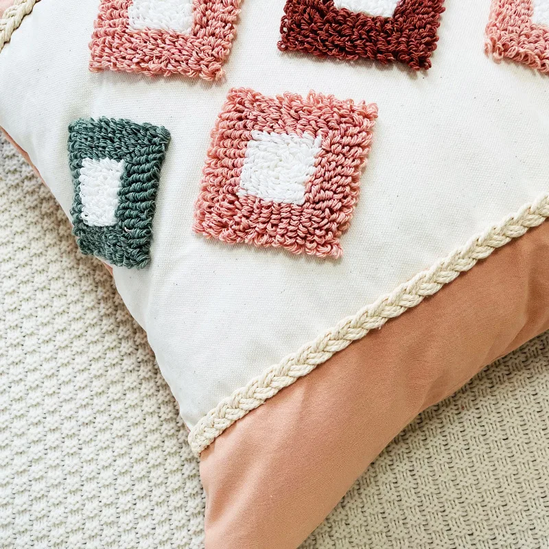 Bohemian style small fresh circle velvet rainbow geometric clustering embroidery pillowcase