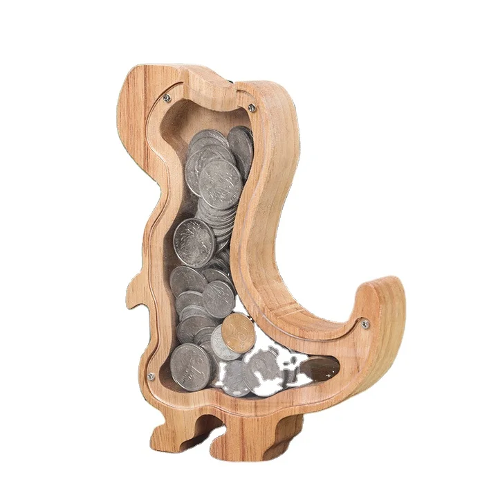 Custom wooden cartoon transparent Piggy coin bank kids money saving storage cash collecting box safe surprise gift