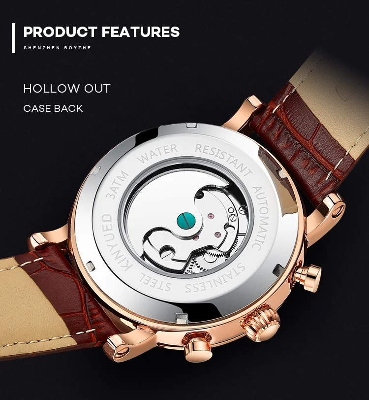 KINYUED J017-4 Gold Case Black Dial Leather Strap Complete Calendar Skeleton Waterproof Wristwatches montre homme