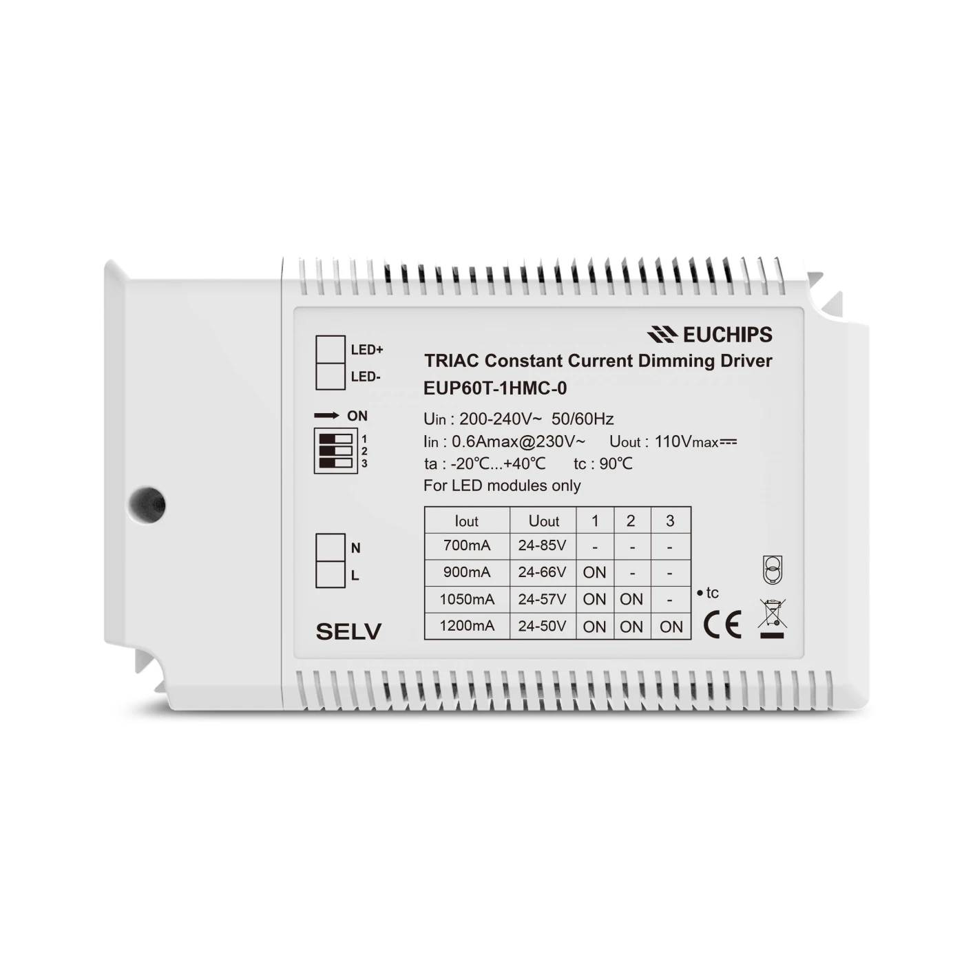 60W ELV Dimming LED Euchips Driver Triac Dimmable Constant Current Output LED Triac Driver
