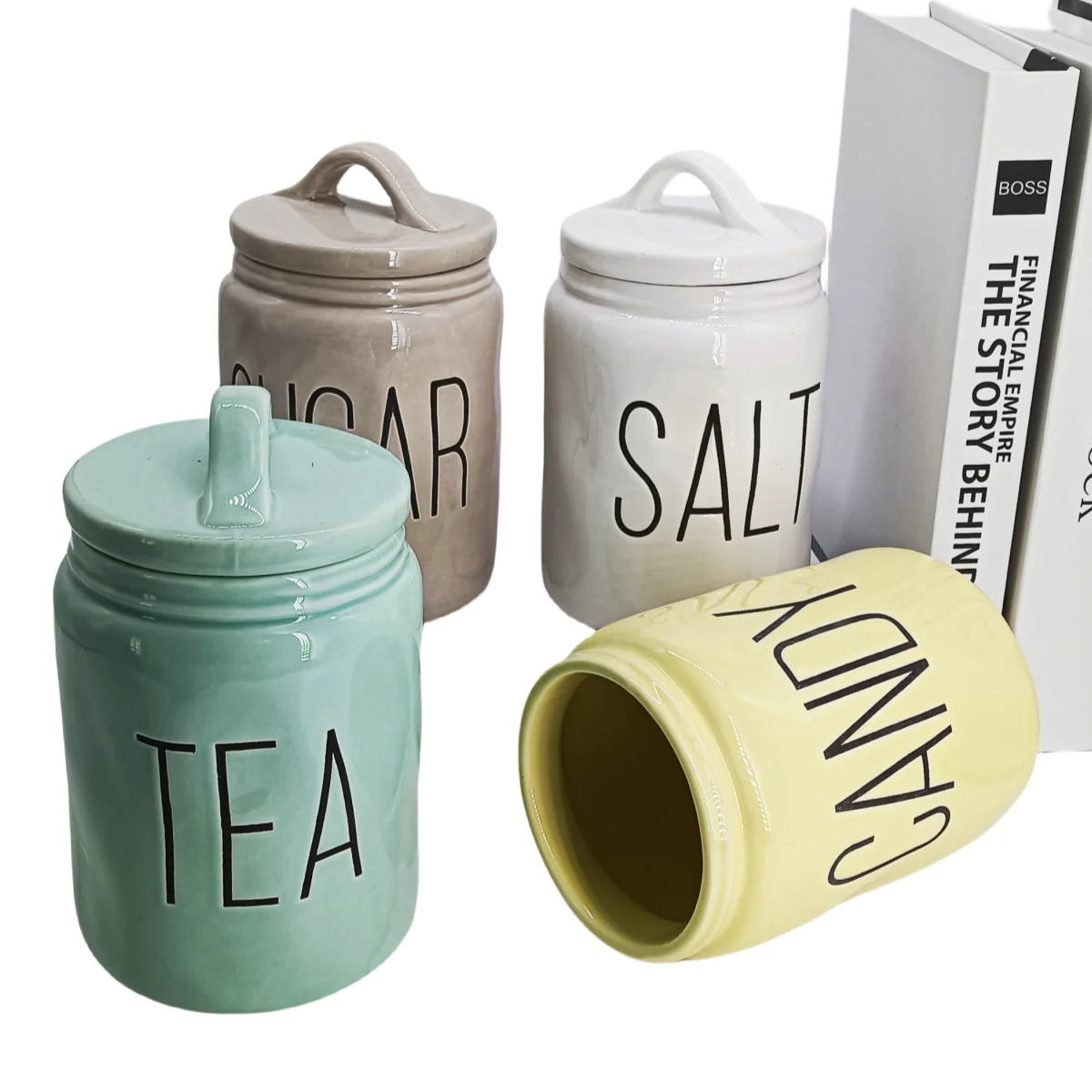 European simple letter printing ceramic sealed jar Table Ware White large ceramic biscuit jar Export ceramic storage jar