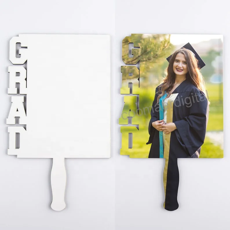 Custom Shape Grad Paddle 2023 Sublimation Blank MDF Photo Memorial Wedding Graduation Hand Fans With Handle Full Size