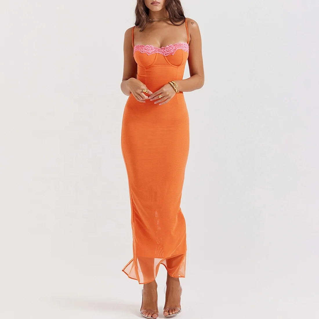 Classic Flame Orange Maxi Dress Evening Wear Birthday Dresses Women Lace Vestidos Women Elegant Summer Casual Dresses