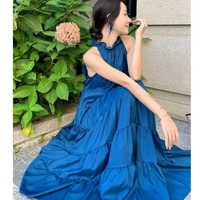 DY0500  New Korean Fashion Blue Color Halter Neck Back Bow Knot Sleeveless Dress Women Casual Dresses Clothing 6