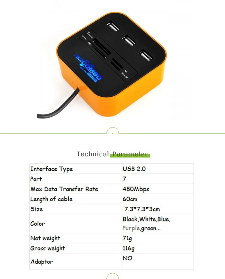 Hot Sell Top Supplier Colorful 3-Ports Usb Hub With Smart Usb 2.0 Card Reader USB2.0 5 in 1 Combo
