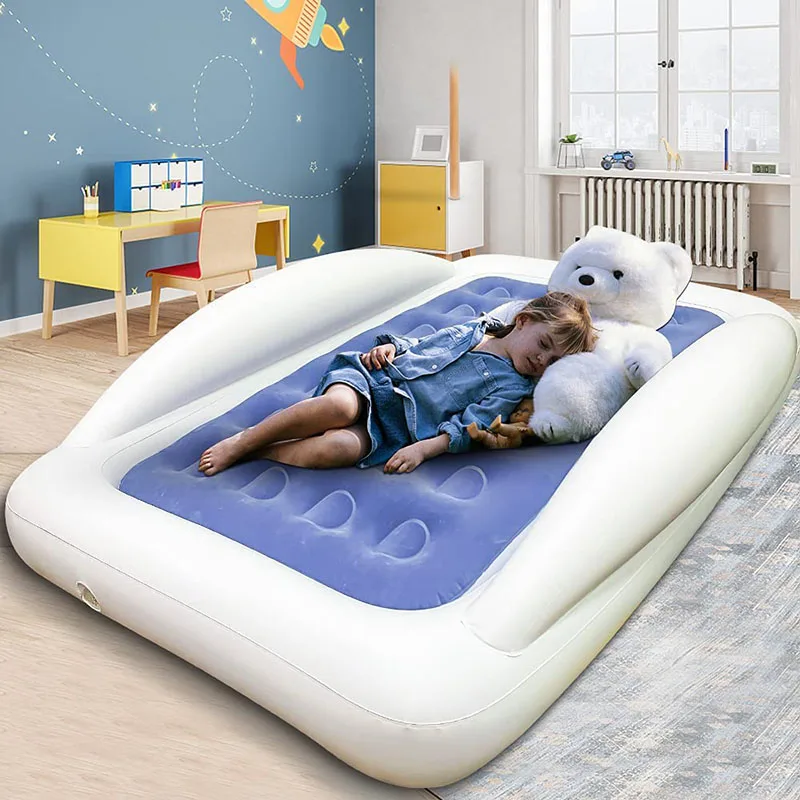Inflatable Kids Travel Bed Toddler Air Mattress Set - Portable Blow Up Mattress Sleeping Bed Cot with Security Bed Rails and Ele
