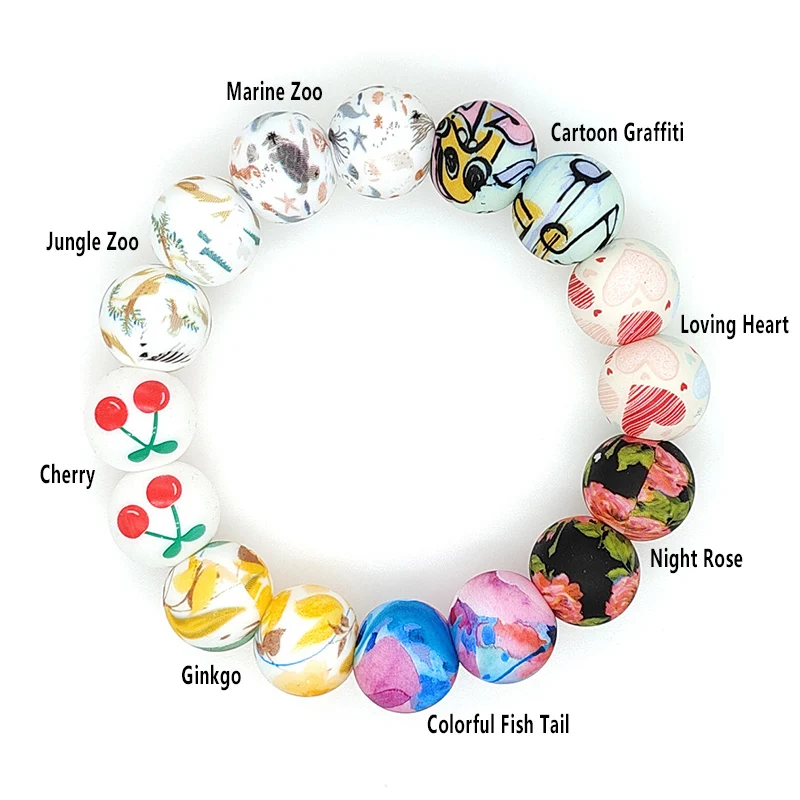 15mm Round Print Silicone Beads DIY Necklace Beaded Charm Pen Making Baby Teething Loose Beads