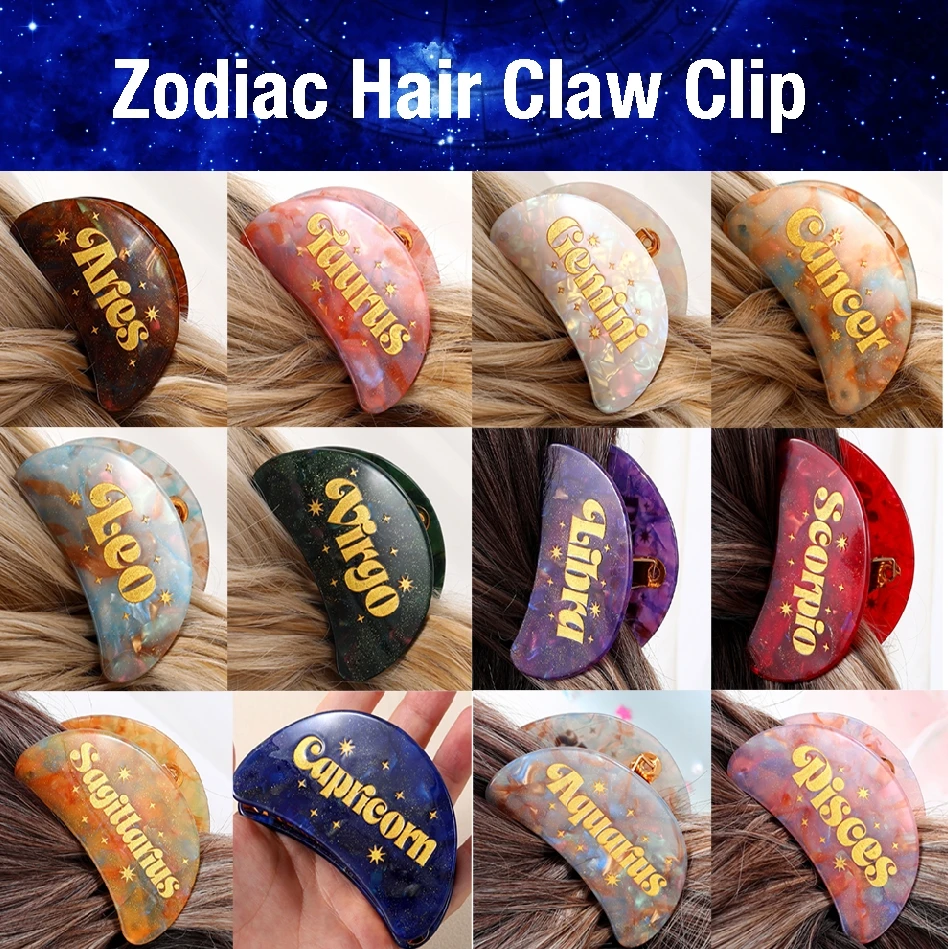 personalised 12 zodiac hair claws Sign glitter retro custom logo hair claw clip for women