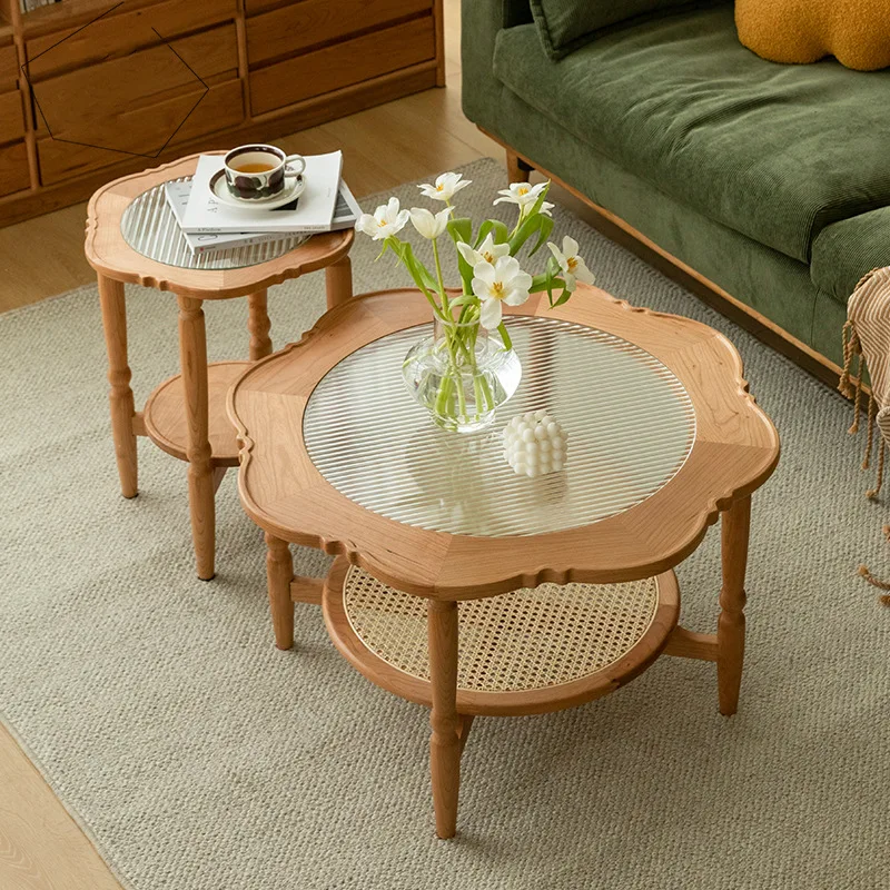 Dreamhause Solid Wood Flower Shape Creative Coffee Table Homestay Apartment Round High Low Tea Table Set Living Room Table Set