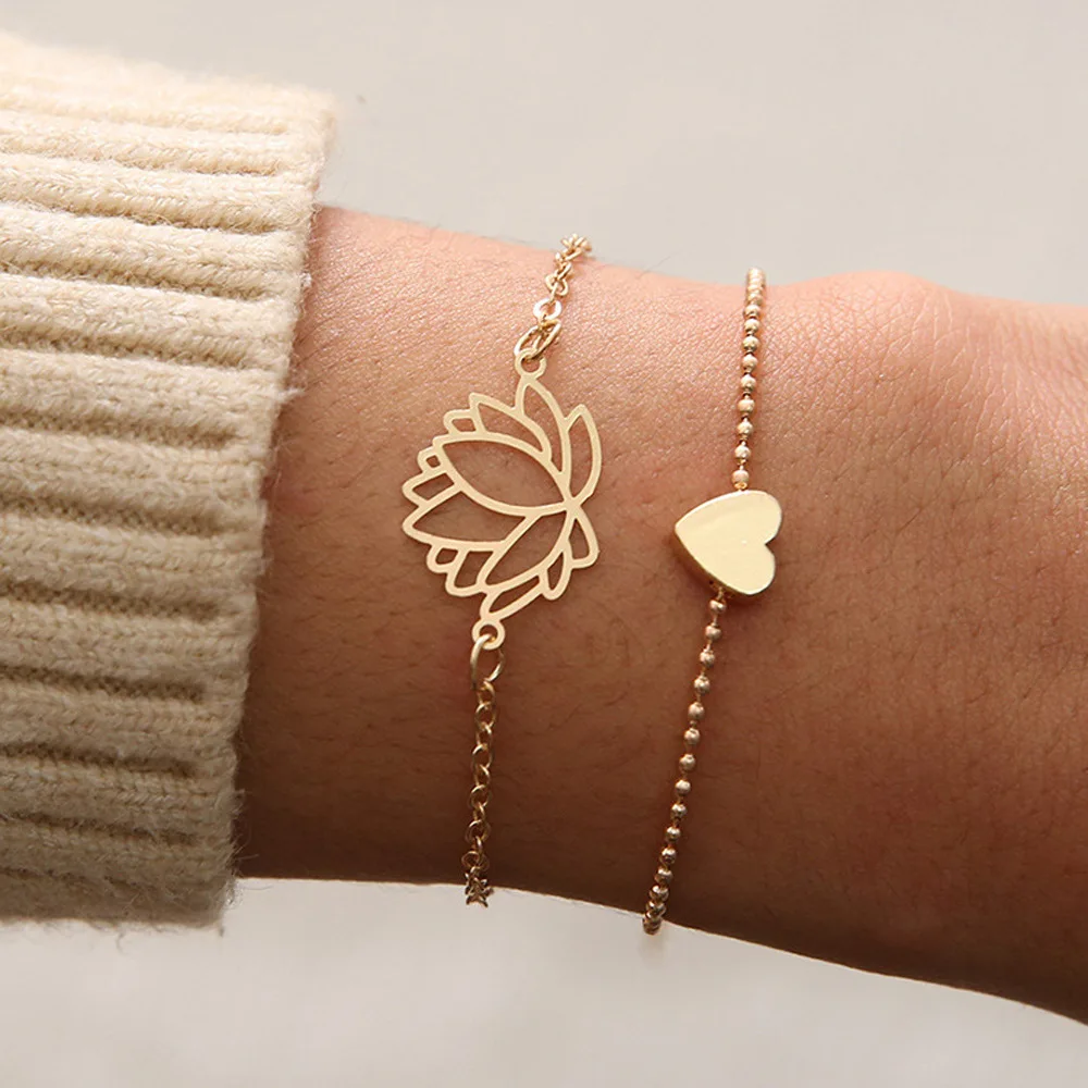 2020 fashion new couple girl charm gold love heart bracelets simple hollow lotus anklet bracelets women accessories wholesale