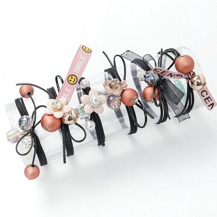 wholesale 6-pcs set  new version  rhinestones beads hair ties  girls  elastic band hair rope scrunchies