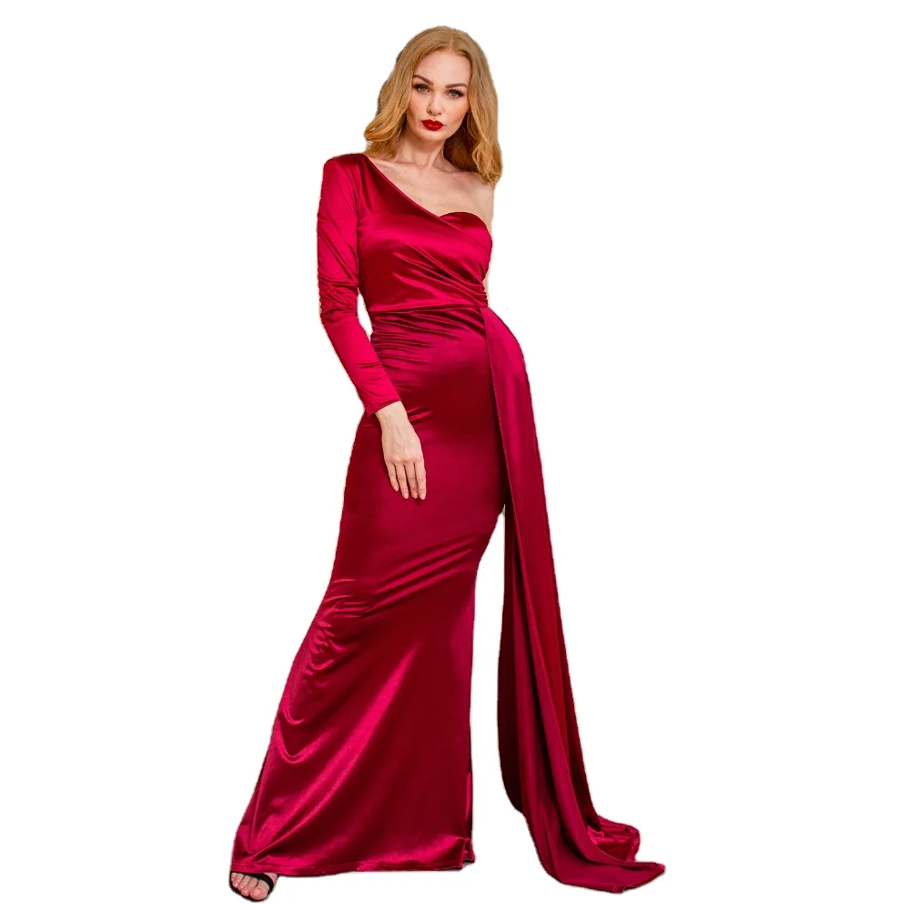
One Shoulder Maxi Dress Sleeveless Stretchy Satin Mermaid Floor Length Wedding Bridesmaid Evening Party Dress With Ribbon 