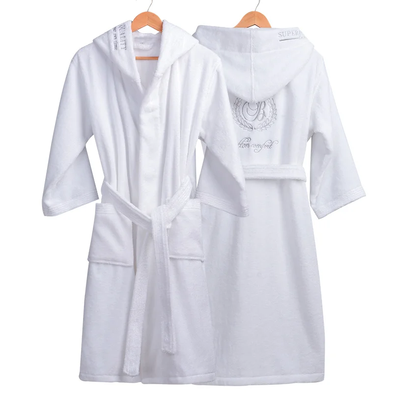 Wholesale Custom Logo Embroidery Hooded Bath Robe 100% Cotton Terry Bathrobe With Hood