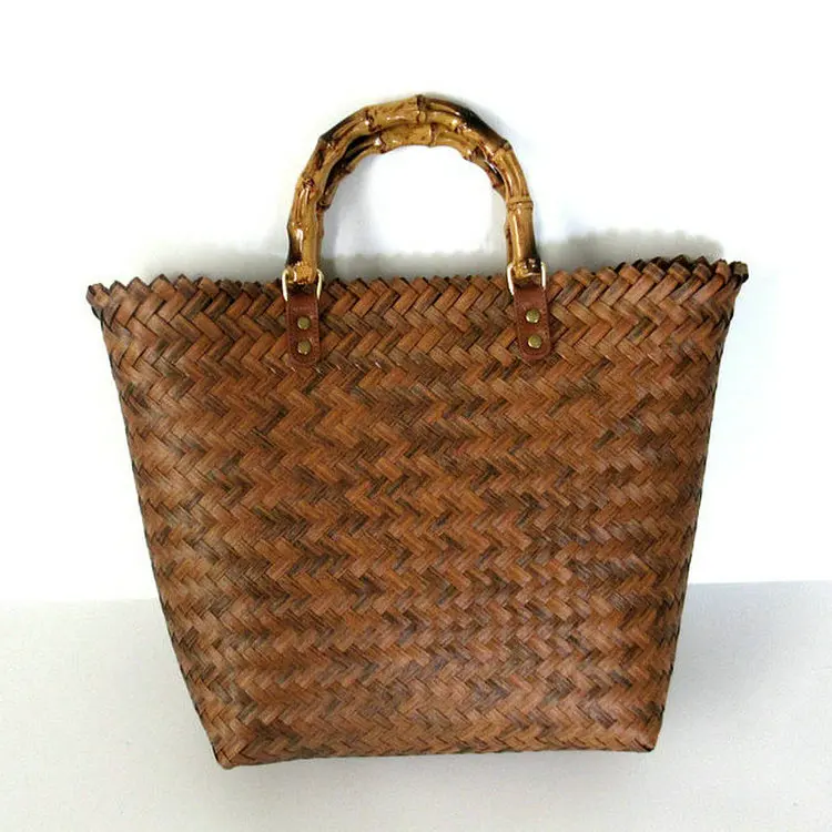Bamboo Handle Handmade Eco Friendly Bohemian Raffia Cotton Bag Handmade Woven Bags