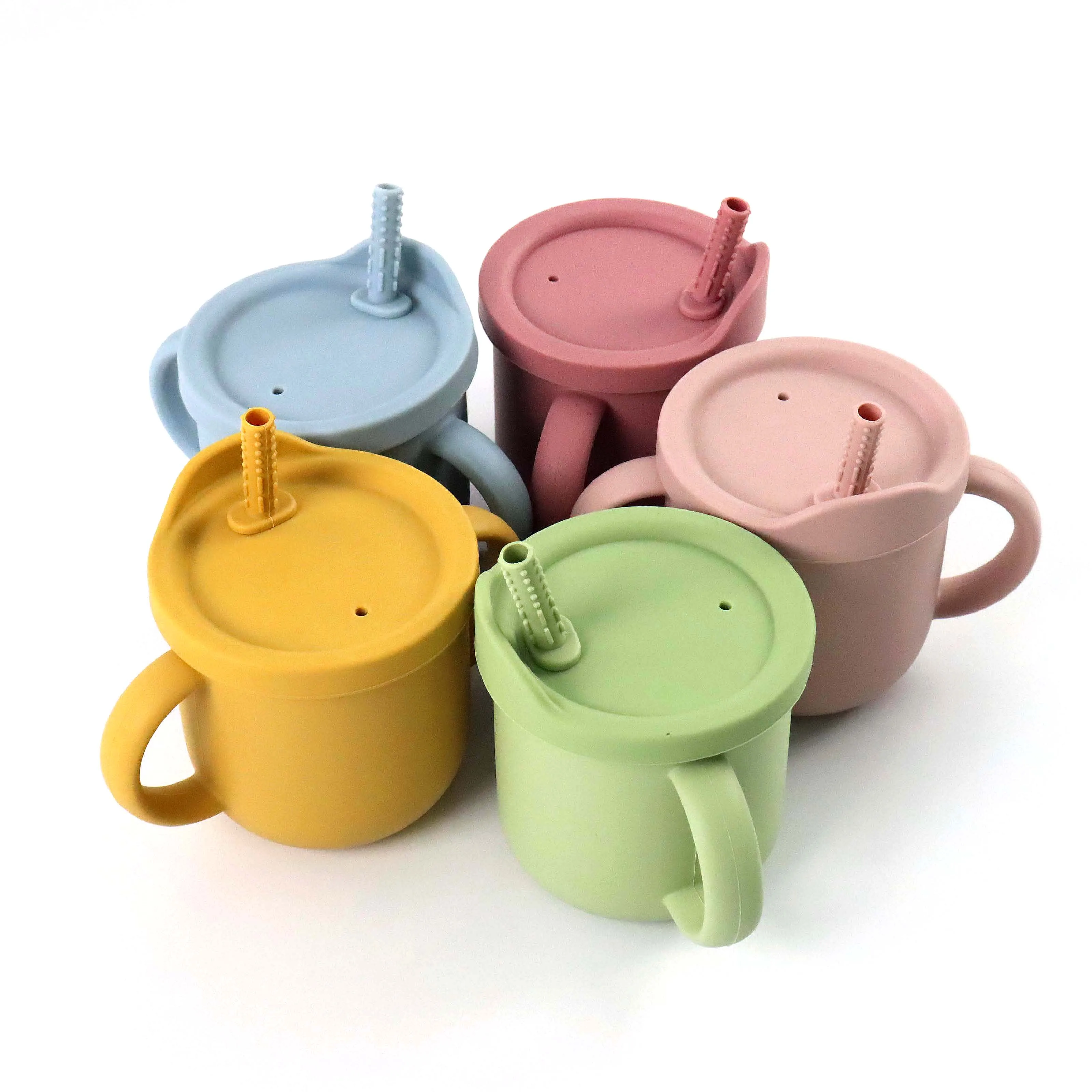 Non-Slip Toddler Learning Training Cups BPA-Free Silicone Baby Snack Cup 2 in 1 Sippy Cup With Straw and Lids For Kids