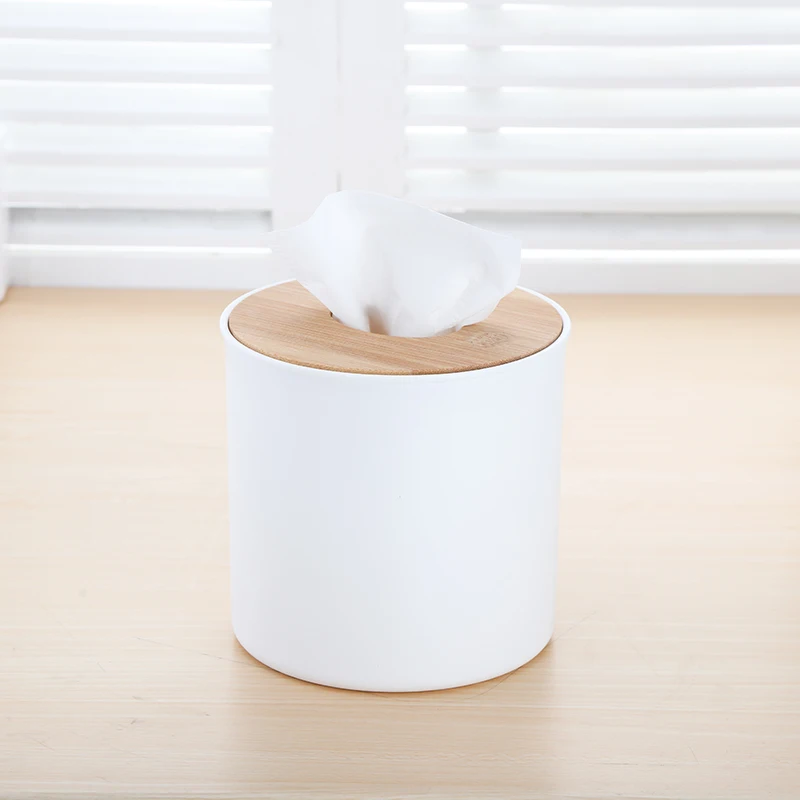 Modern European-style Round Household Plastic Container Tissue Box With Wooden Lid