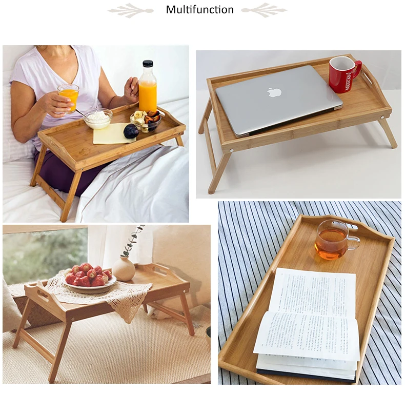 Bamboo Bed Tray Folding Breakfast TV Laptop Tray Table Hospital Serving Tray with Handles Foldable Legs
