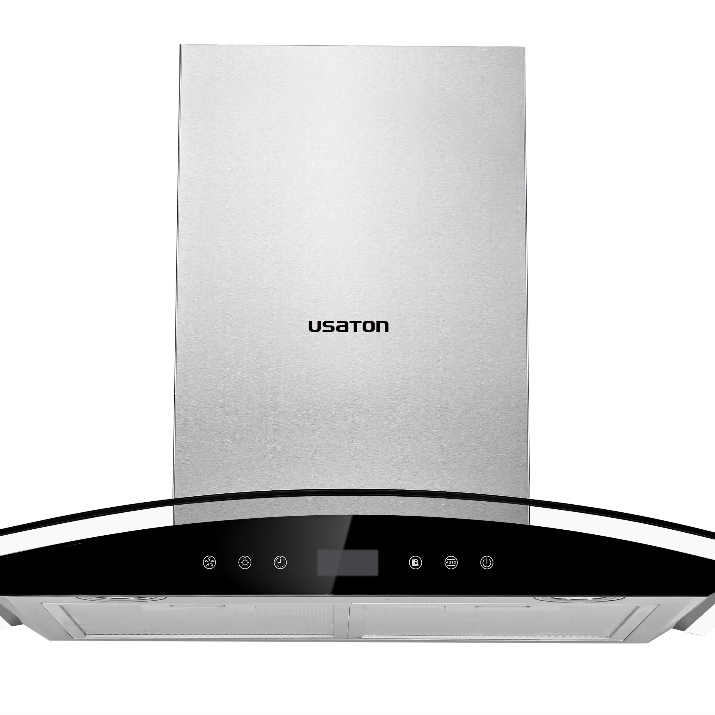 Modern high efficiency unique design kitchen chimney exhaust hood island curve glass restaurant kitchen smart range hood