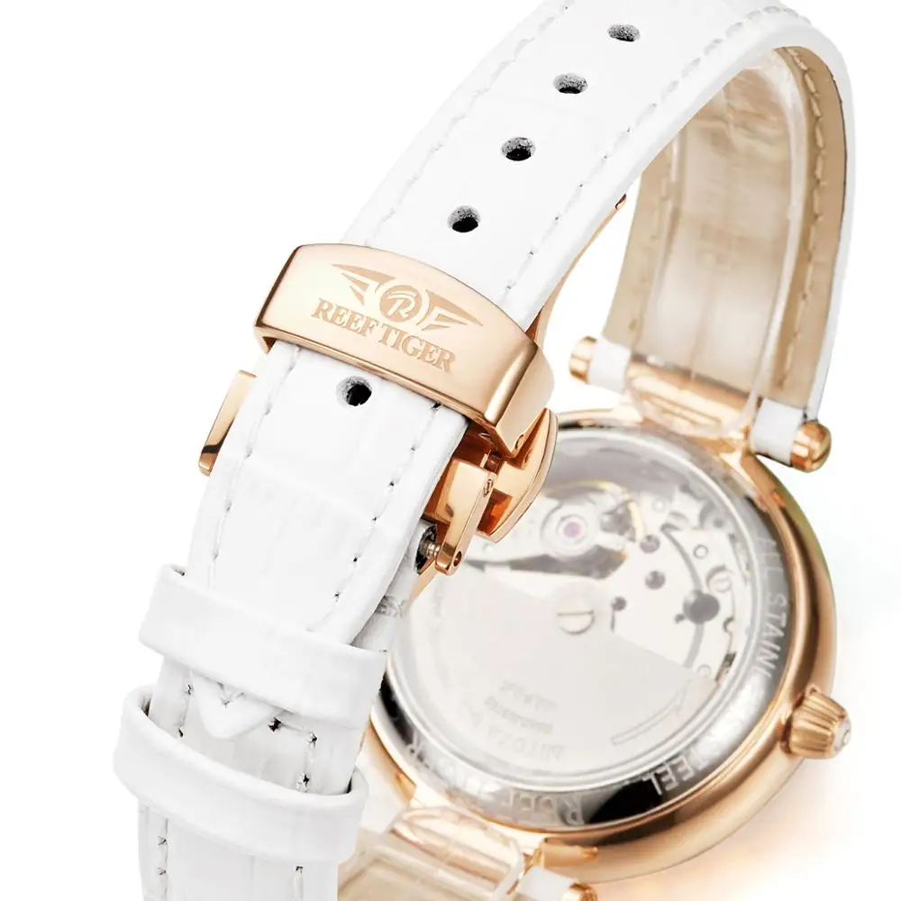 Reef Tiger Top Brand Luxury Rose Gold Watch White Dial Steel Women Automatic Mechanical Watches RGA1587