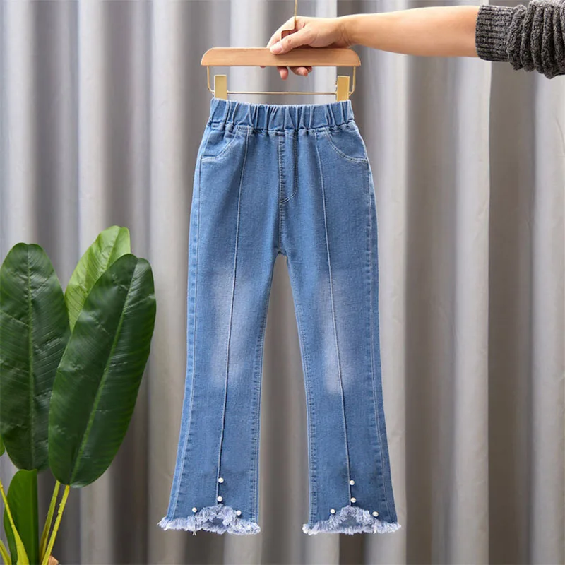 Children Blue Cute Washed Flared Denim Trousers for 3-13 Years Fashion Toddler Girl Sweet Bell-Bottoms Jeans Pants A0862