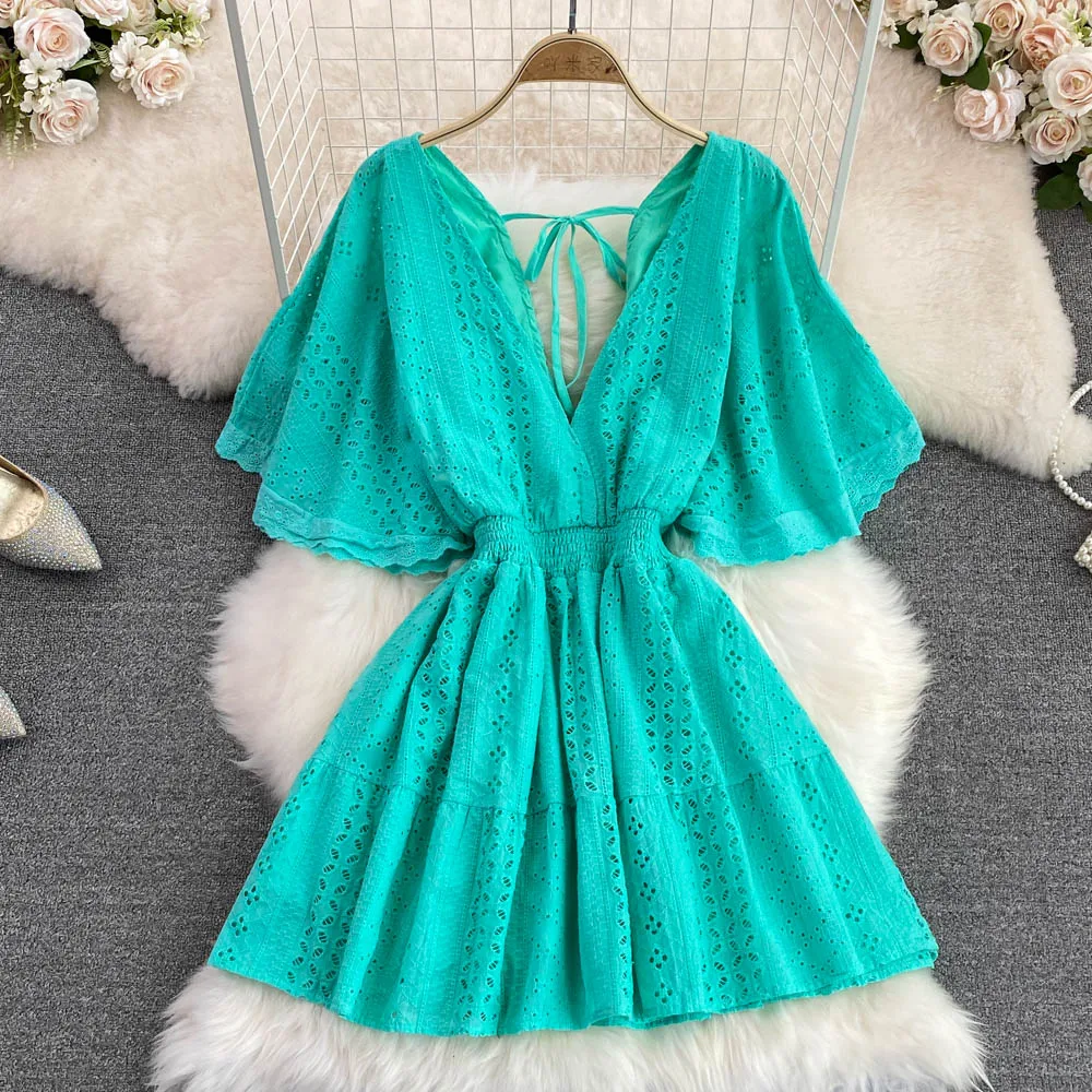 Boutique Wholesale 2023 Summer and Korean Fashion Hollowed-out Deep V-neck Waist Show Thin Ruffle Sleeve A-line Dress
