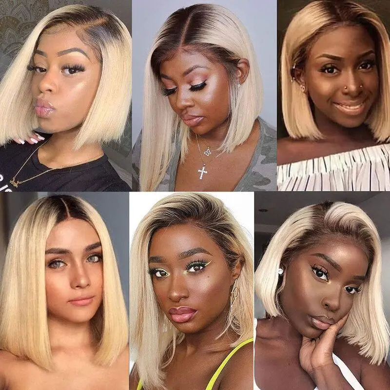 Ombre Blonde Bob Straight Wigs Human Hair Lace Front Brazilian Pre Plucked Bob Wig 1B/613 Color Straight Hair Short Bob Wigs