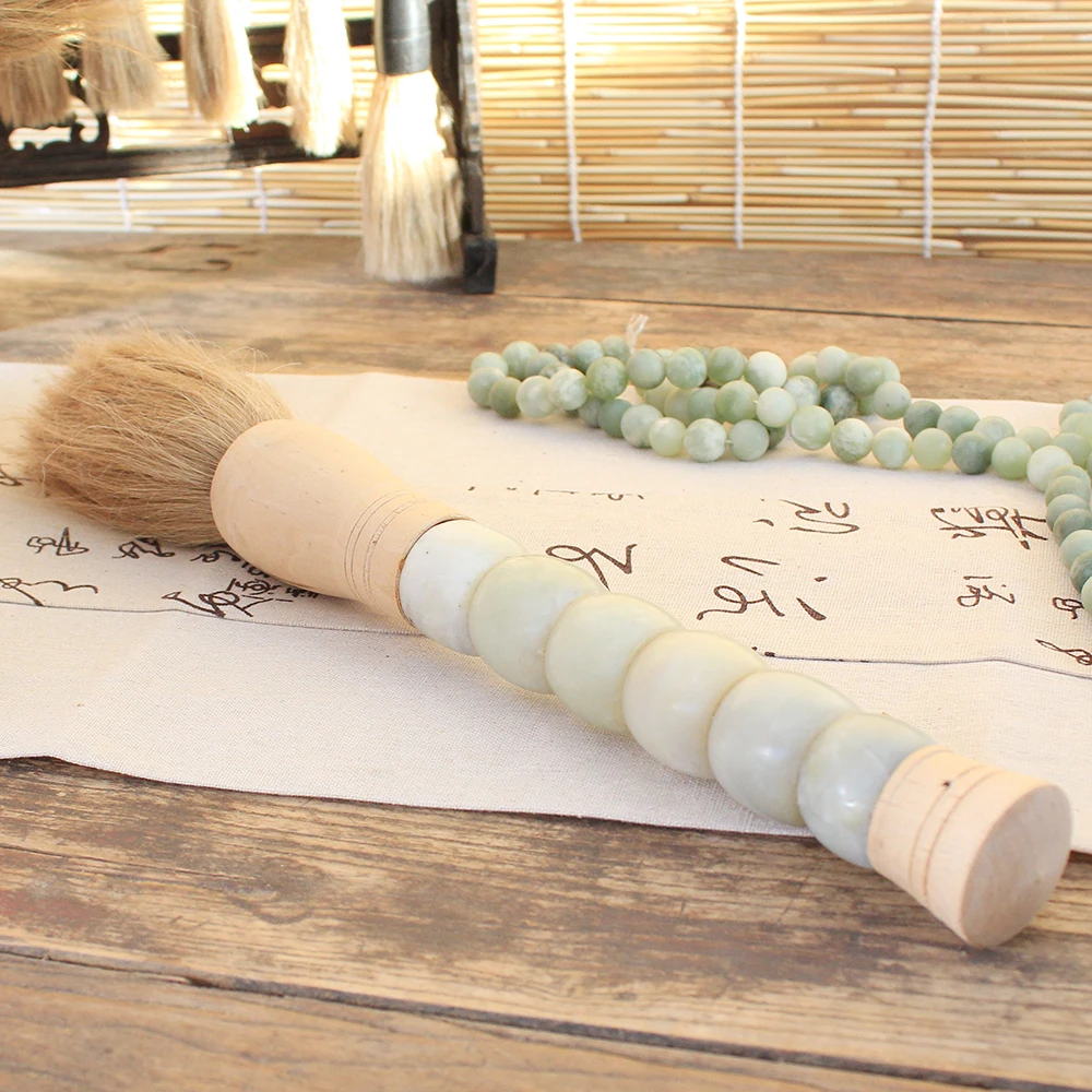 interior design home deco antique deco carved  natural jade color stone Chinese calligraphy brush