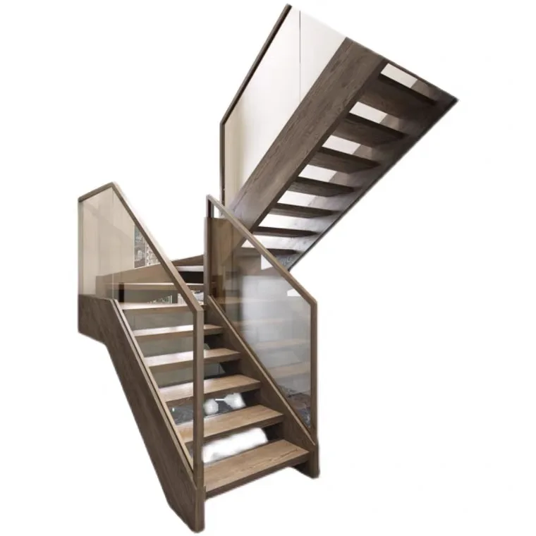 Glass railing Indoor Decorative Modern Wooden Staircase With Wooden Treads For Modern House Stair