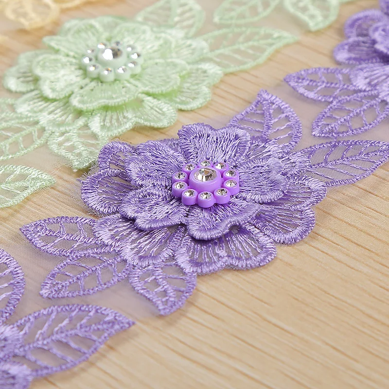 wholesale polyester 3D flower organza beaded lace colorful Embroidery Flower Chantilly Lace Trim for dress clothes decoration