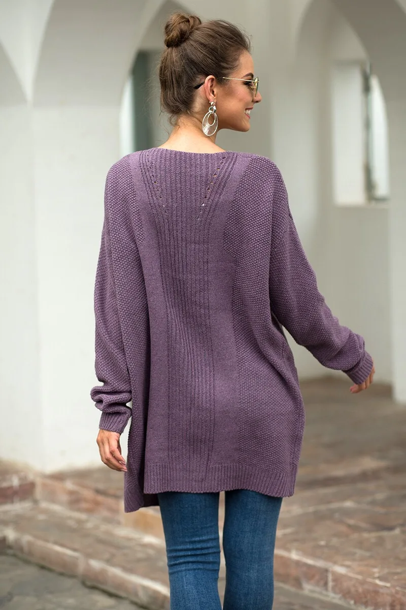 
Classic Style Women Cardigan Quick Dry Purple Full Sleeve Clothing Sweaters With Pockets 