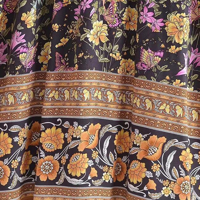 Customization Summer Bohemian Women Vacation Casual Breathable Loose Long Sleeve Midi Floral Dress