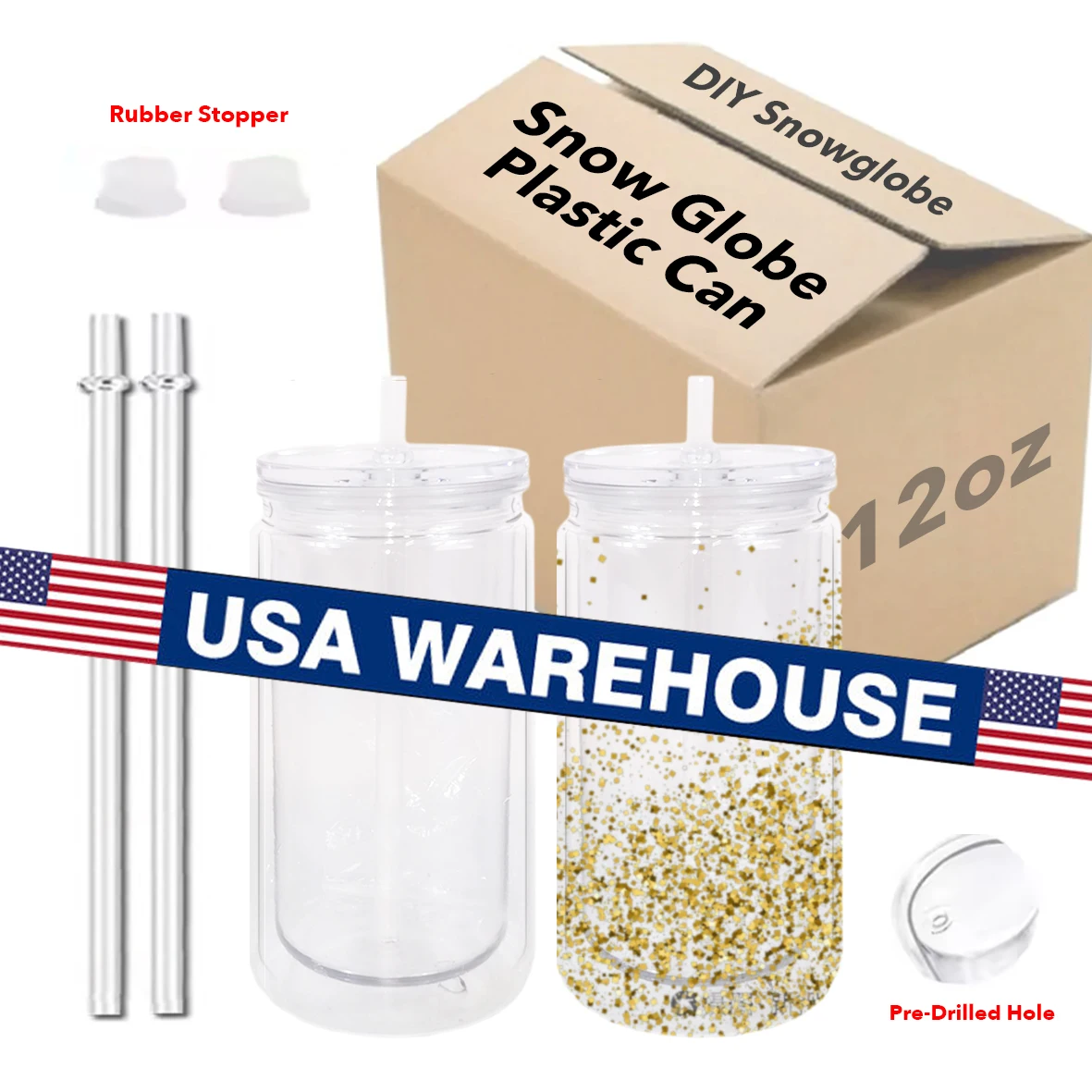 USA Warehouse Double Walled Snow Globe 16oz Plastic Cold Cup With Pre-drilled Hole And Plug 12oz Acrylic Tumbler Beer Can