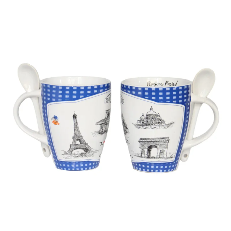 Custom Design Souvenir Elegant Eiffel Tower Ceramic Mug Perfect for Paris Travel Gift Unique Coffee Cup Set with Spoon