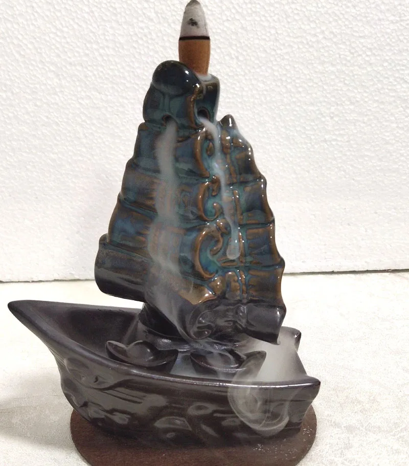 Ywbeyond New Design Ceramic Censer Sailing Boat Backflow Incense Burner Incense Cone Holder Waterfall
