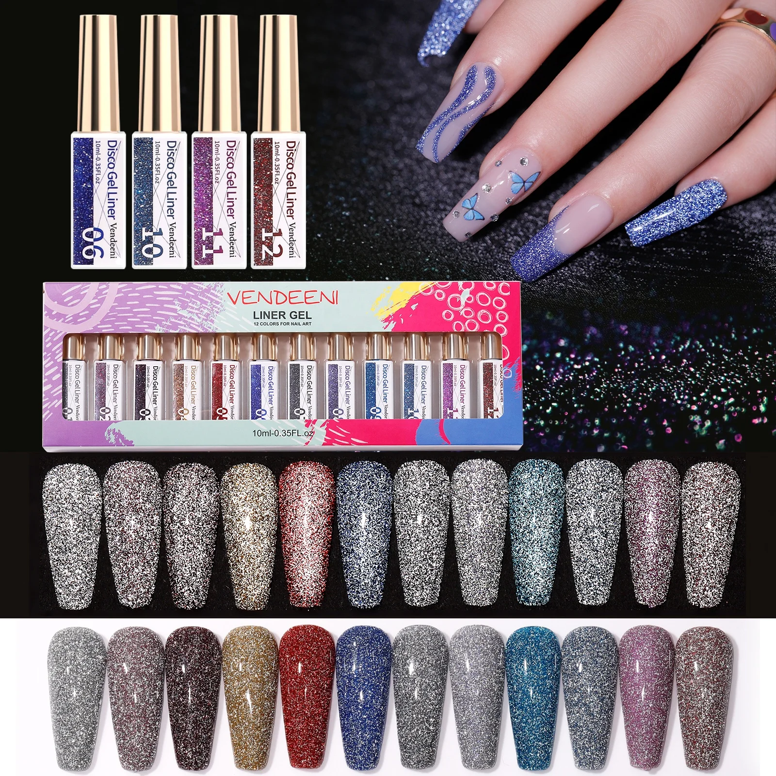 Private Label Platinum Gel Liner Variety Colors Flashing Glitter Spider Gel Painting  Disco Gel Liner Nail Art Polish Kit Set