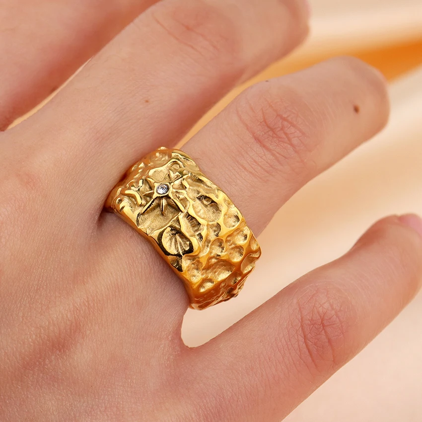 Minos Designs Irregular Texture Ring Gold Plated Stainless Steel Waterproof Ocean Jewelry 18k Chunky Rings Women with Zircon