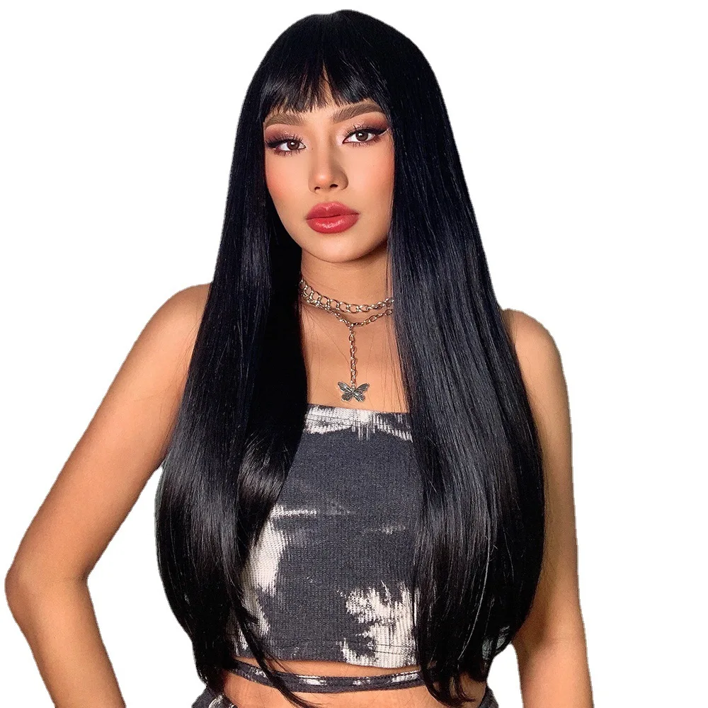A415straight bangs gradient Gray long straight hair chemical fiber high-temperature fiber and wigs wig head cover wholesale