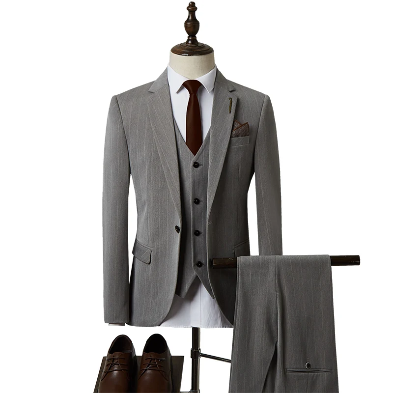 
2021 Designs 3 Pieces Gentleman Stripe One Button Business Formal Slim Fit Single Breast Party Dress Wedding Prom Suits For Mens 