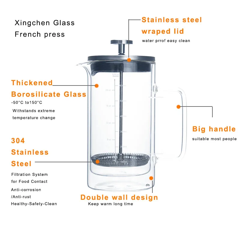 Wholesale French Press Glass Double Wall 350ml Cafeteira Prensa Francesa With Stainless Steel Lid