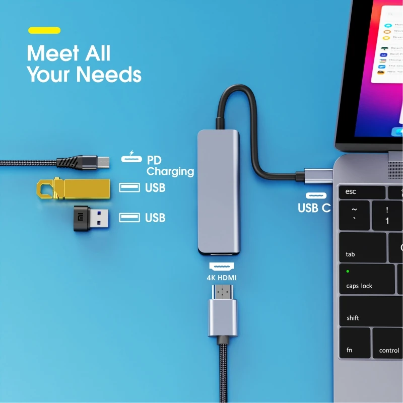 4 in 1 USB Hub Aluminum Alloy Type C to 3 USB PD Ports Hub High Speed Data Transfer USB-C hub
