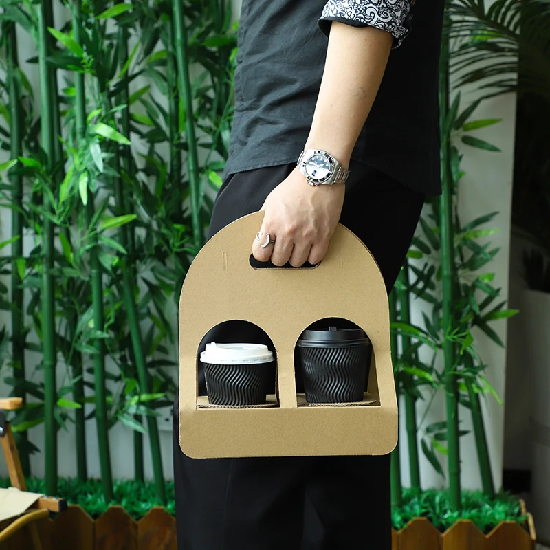 LOKYO wholesale foldable 2 cups holder kraft paper 1 piece folding portable paper cup holder