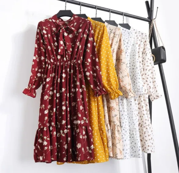 long sleeves elegant floral printed Stand Neck With Bow chiffon women dresses OC3