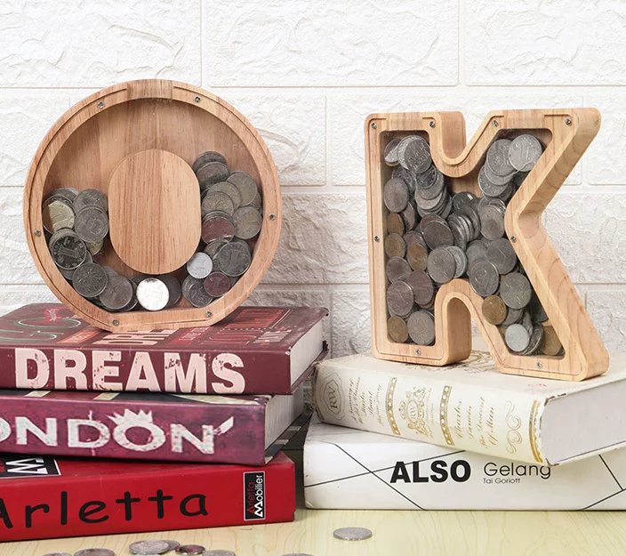 Custom wooden cartoon transparent Piggy coin bank kids money saving storage cash collecting box safe surprise gift