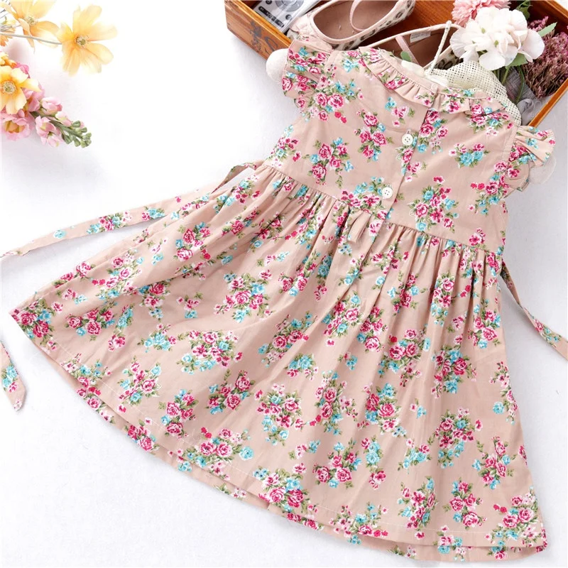 C042168  new arrival handmade floral girls smocked dress clothing  peter pan collar cotton newborn kids clothes  baby