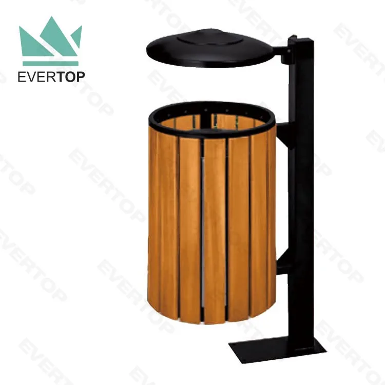 DA-78H 37L 10 Gal Floor Standing Public Trash Can Outdoor Bin Wood Trash Can Outdoor Round Wooden Waste Trash Bin with Rain Hood