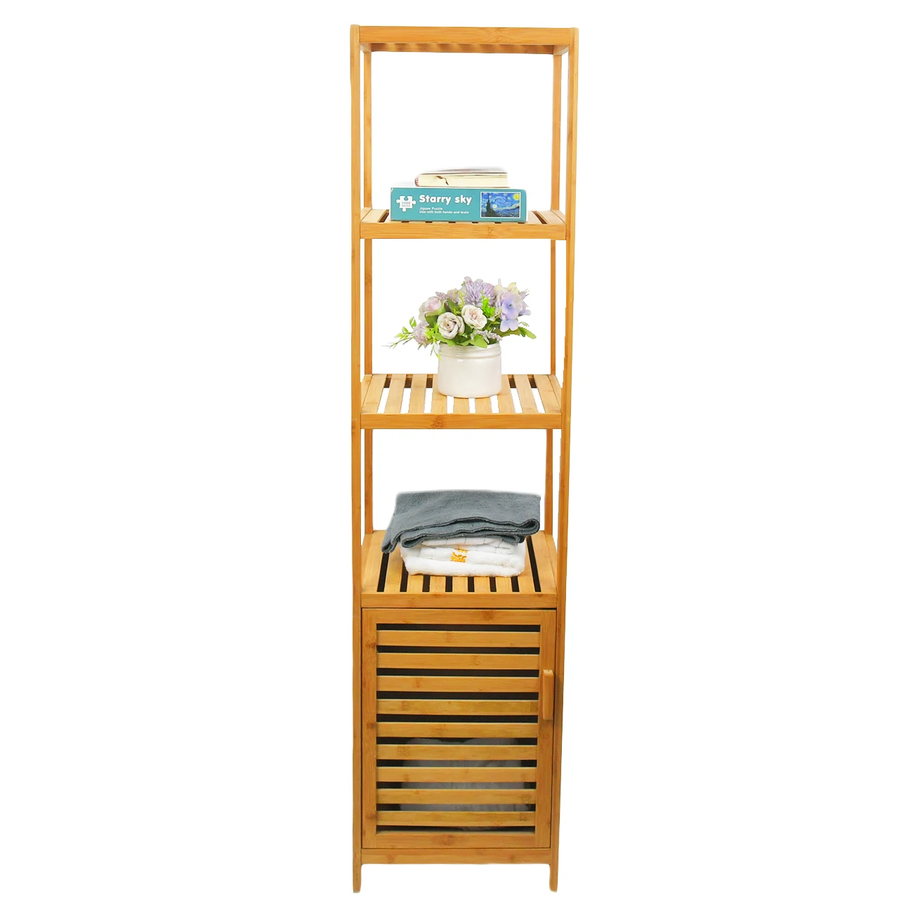 Multifunctional 4 Tiers Bamboo Bathroom Vanity Storage Cabinet with Laundry Hamper Sorter Basket Shelf