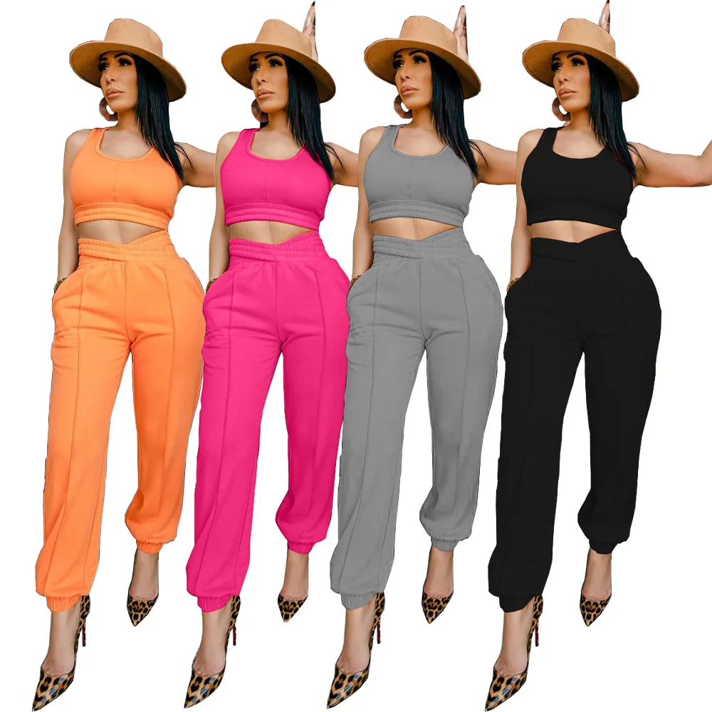  custom logo sexy tank top high waist trousers 2 piece casual suits womens two pants set for