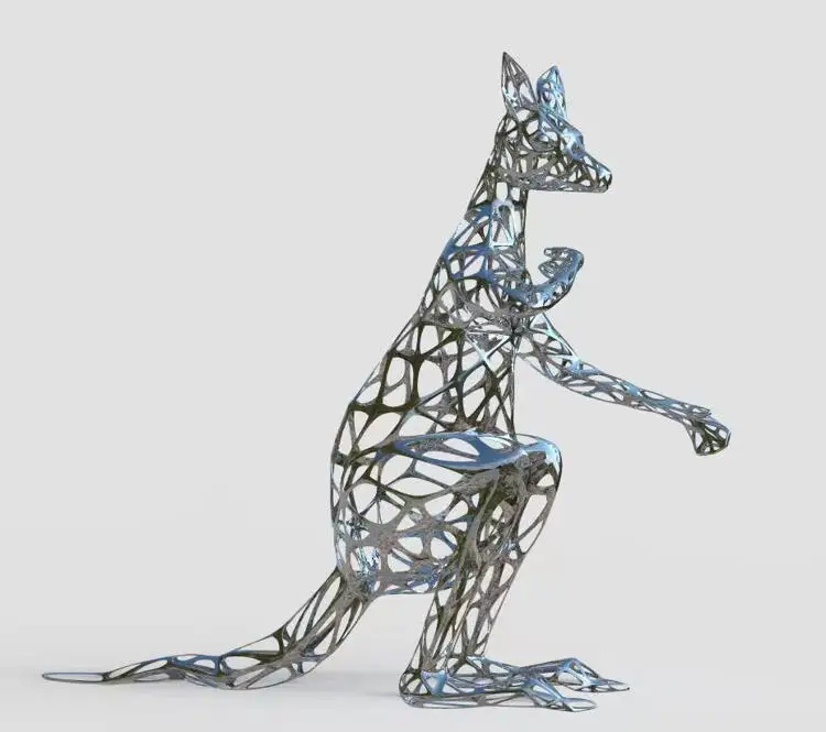 2022 New Design Outdoor Metal Art Life Size Openwork Stainless Steel Animal Sculpture Garden Hollow Out Kangaroo Statue