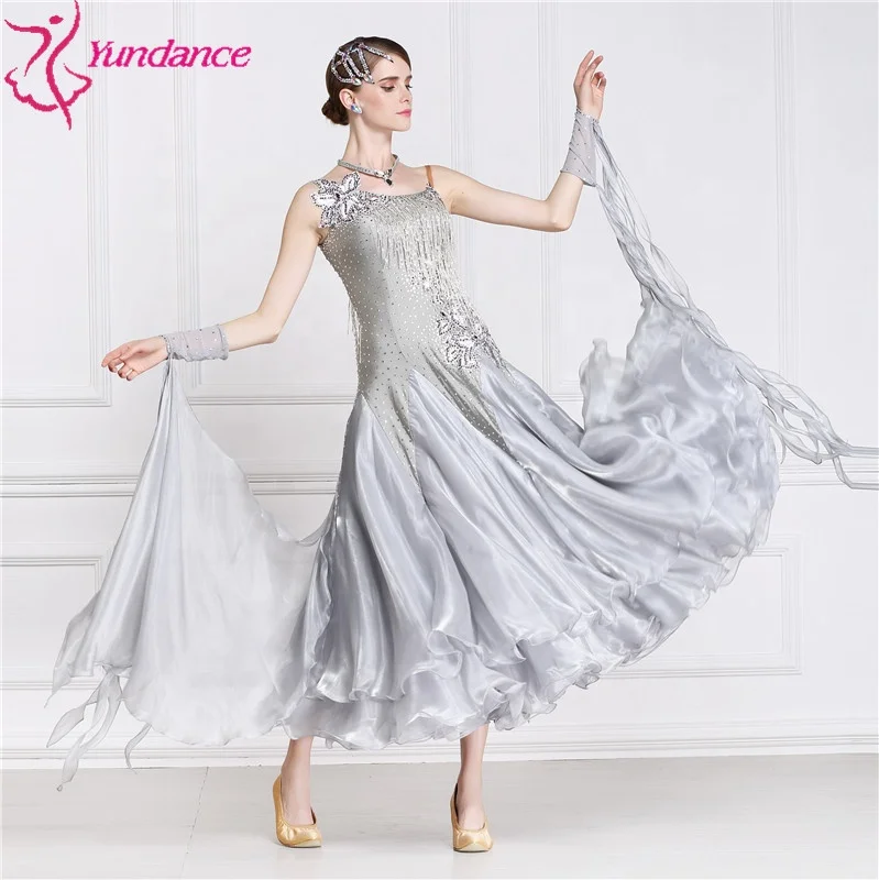 B-15110 High Quality Rhinestones Ballroom Dance Dress Adult Lyrical Gray Modern Dance Costume Dress For Competition