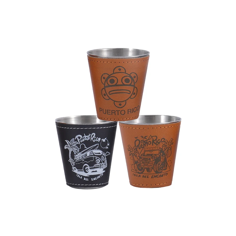 Stainless Steel Shot Cups Drinking Vessel With Brown Leather